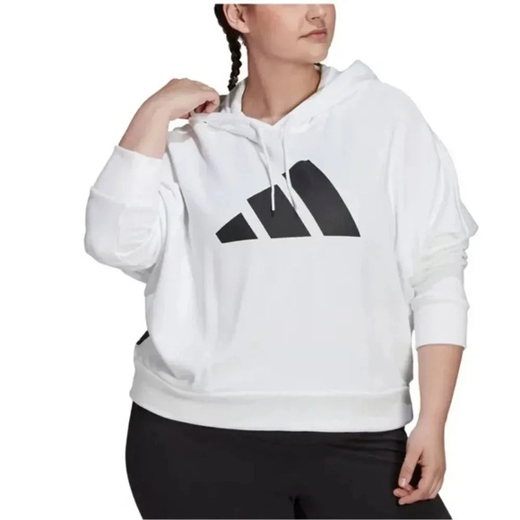 Adidas Womens White Ribbed Drawstring Logo Graphic Long Sleeve Hoodie - Picture 1 of 3